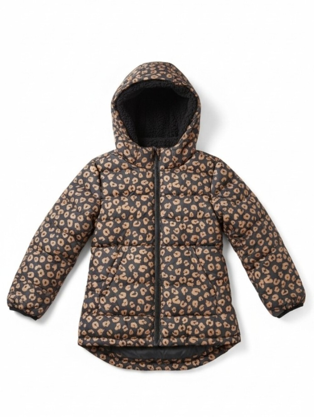 Girls' Leopard Hooded Puffer Jacket - Black/Brown